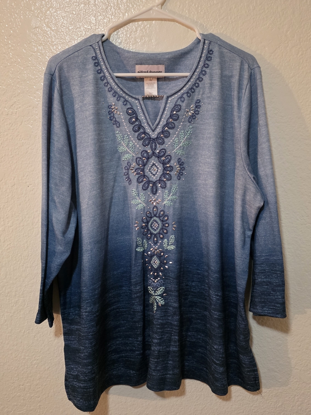 Alfred Dunner Ombre Blue Embroidered V-Neck Tunic